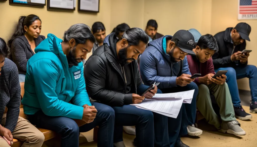 Personas revisando las solicitudes para beneficios de desempleo en la oficina correspondiente a su estado.