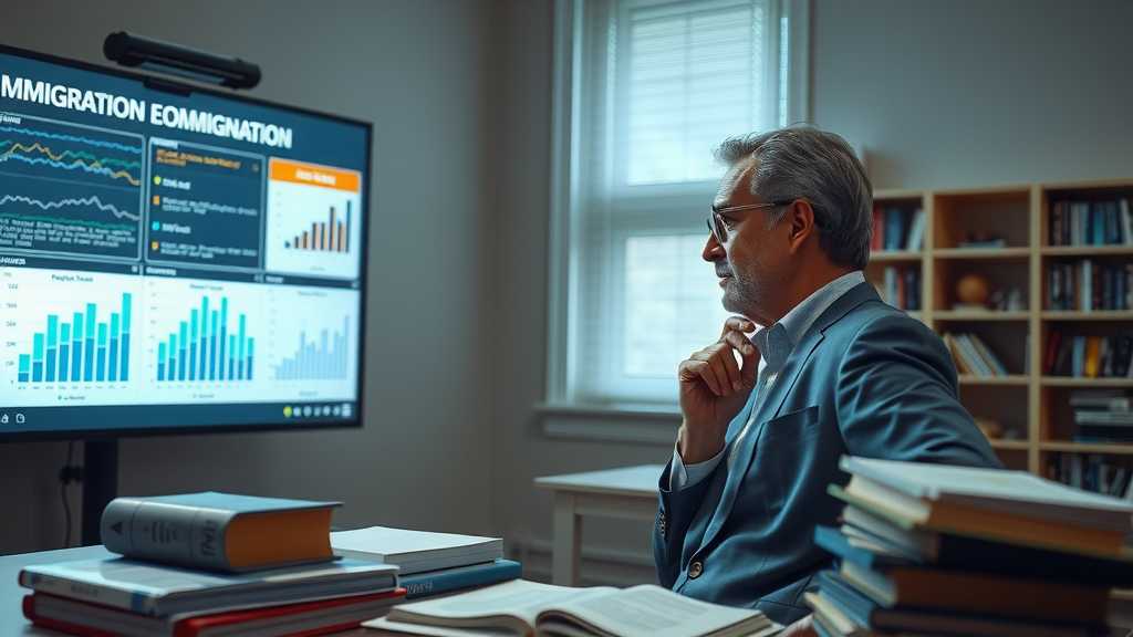 An economist studying immigration's economic effects in a focused office setting.