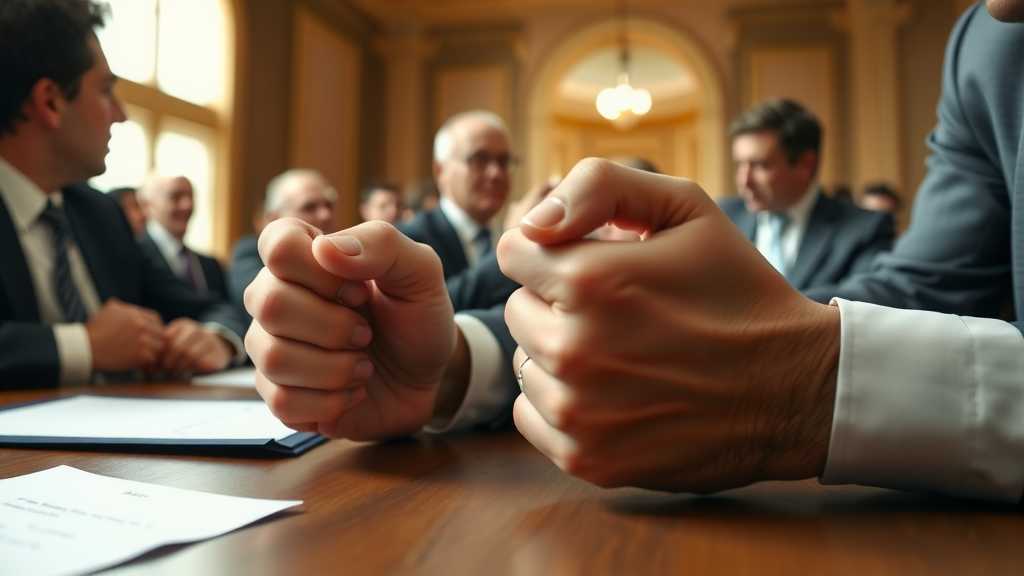 Intensity of negotiation captured through a close-up of focused hands in a serious meeting.